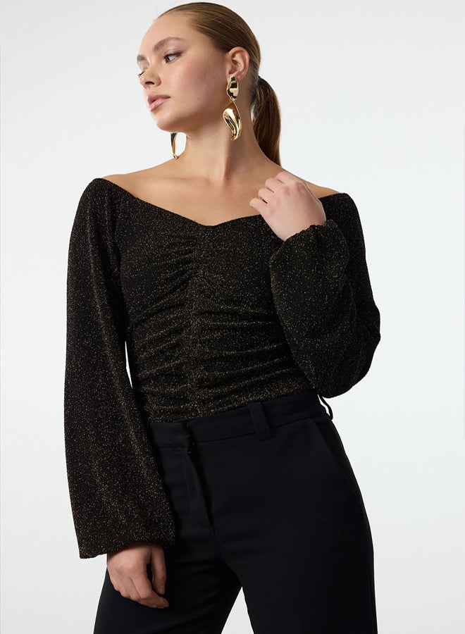 trendyol Gold Carmen Collar Sparkly Snap-Front Glittery Knitted Bodysuit TPRAW24BD00016 - Image 2