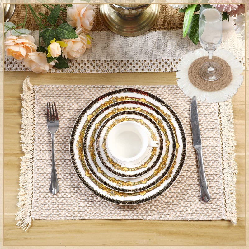 Tatuo Boho Macrame Table Runner Placemat and Coaster Set of 13, Rustic Table Runner with Tassel Absorbent Boho Placemat Natrual Burlap Farmhouse Coaster for Drink Bohemian Dining Kitchen Desk Decor (Retro) - Image 4