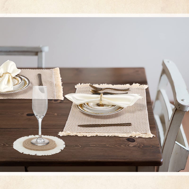 Tatuo Boho Macrame Table Runner Placemat and Coaster Set of 13, Rustic Table Runner with Tassel Absorbent Boho Placemat Natrual Burlap Farmhouse Coaster for Drink Bohemian Dining Kitchen Desk Decor (Retro) - Image 5