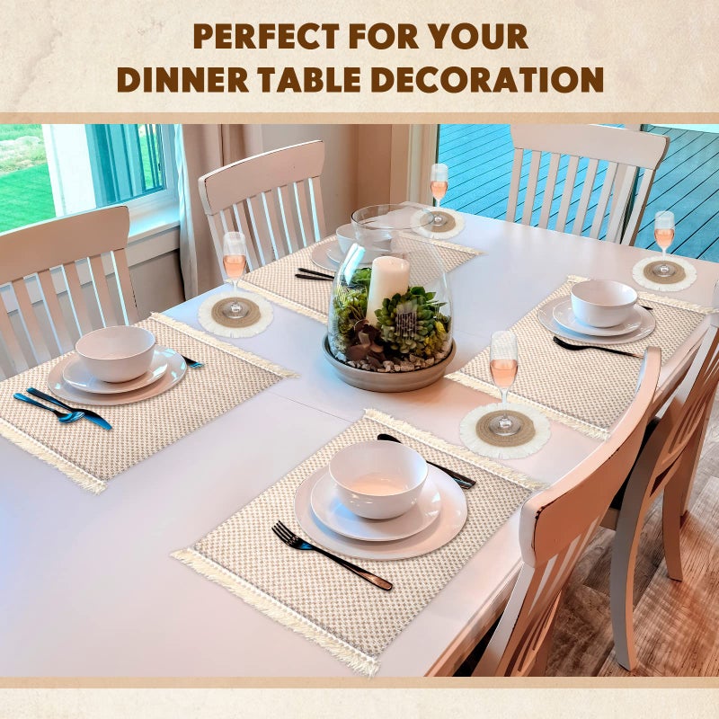 Tatuo Boho Macrame Table Runner Placemat and Coaster Set of 13, Rustic Table Runner with Tassel Absorbent Boho Placemat Natrual Burlap Farmhouse Coaster for Drink Bohemian Dining Kitchen Desk Decor (Retro) - Image 3