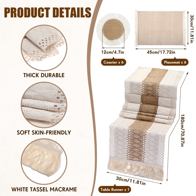 Tatuo Boho Macrame Table Runner Placemat and Coaster Set of 13, Rustic Table Runner with Tassel Absorbent Boho Placemat Natrual Burlap Farmhouse Coaster for Drink Bohemian Dining Kitchen Desk Decor (Retro) - Image 2