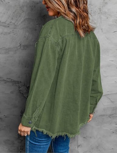 Vetinee Women's Green Jacket Oversized Boyfriend Elm Green Front Button Up Frayed Raw Hem Long Sleeve Pockets Denim Jean Jacket Shacket XX-Large Size 20 Size 22 - Image 2