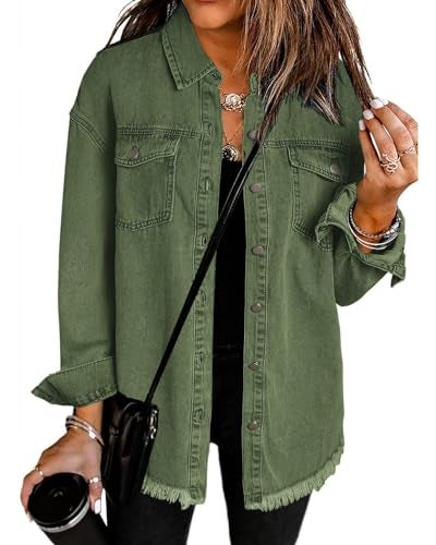 Vetinee Women's Green Jacket Oversized Boyfriend Elm Green Front Button Up Frayed Raw Hem Long Sleeve Pockets Denim Jean Jacket Shacket XX-Large Size 20 Size 22 - Image 1