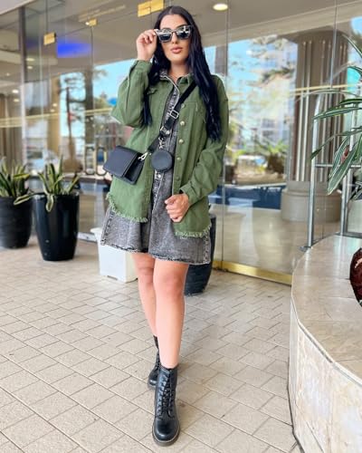 Vetinee Women's Green Jacket Oversized Boyfriend Elm Green Front Button Up Frayed Raw Hem Long Sleeve Pockets Denim Jean Jacket Shacket XX-Large Size 20 Size 22 - Image 4