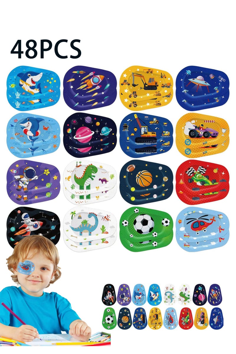 Unewshi Adhesive Eye Patches for Kids, 48 Pcs Adhesive Eye Patches for Kids Boys 16 Styles Eye Patches Latex Free Eye Pad Bulk Light Blocking Fun Cute Boys Designs Cotton Adhesive Bandages for Boys Toddler - Image 1