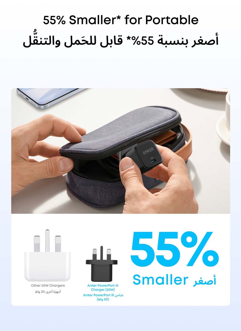 أنكر شاحن باور بورت III مربع من نوع USB C سريع من آنكر بقدرة 20 وات ومقبس قابل للطي لأجهزة آيفون 12 و12 ميني و12 برو ماكس و11 وجالاكسي وبكسل 4/3 وآي باد برو والمزيد (لا يتضمن الكابل) أسود - Image 5