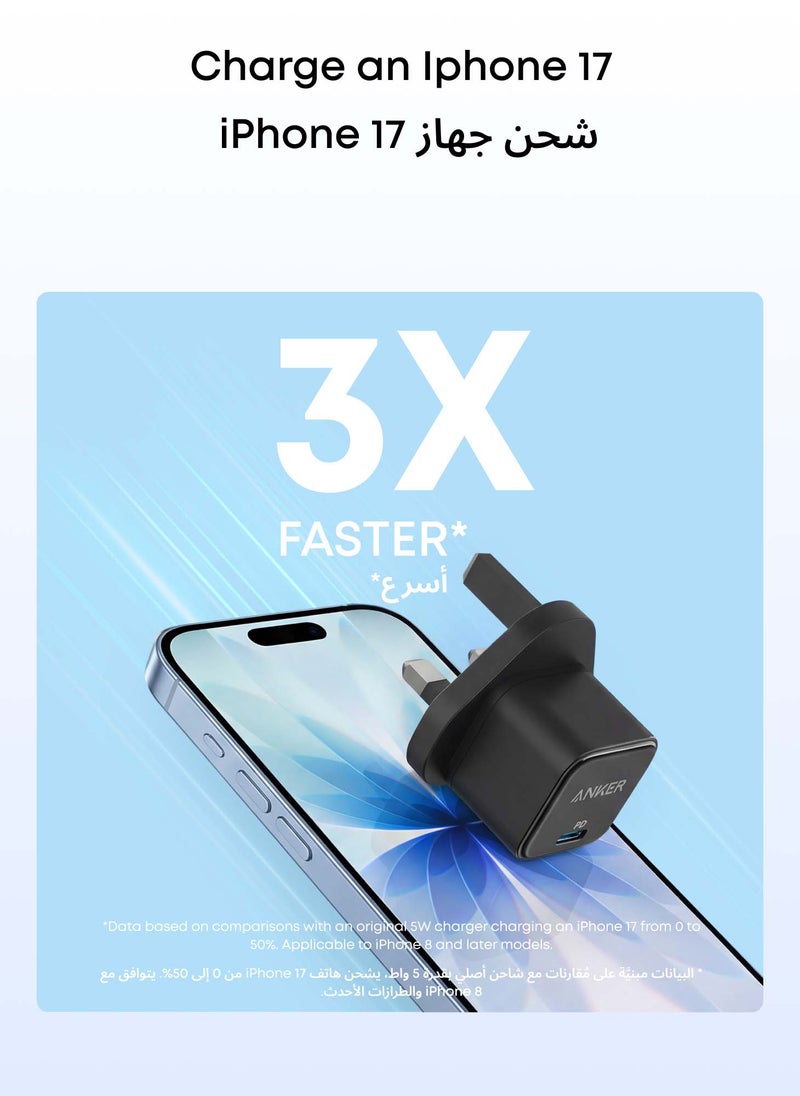أنكر شاحن باور بورت III مربع من نوع USB C سريع من آنكر بقدرة 20 وات ومقبس قابل للطي لأجهزة آيفون 12 و12 ميني و12 برو ماكس و11 وجالاكسي وبكسل 4/3 وآي باد برو والمزيد (لا يتضمن الكابل) أسود - Image 3