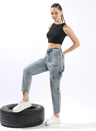 HIGH STAR Women Mom Fit Carpenter Utlity Cargo High-Rise Light Fade Cotton Crop Jeans