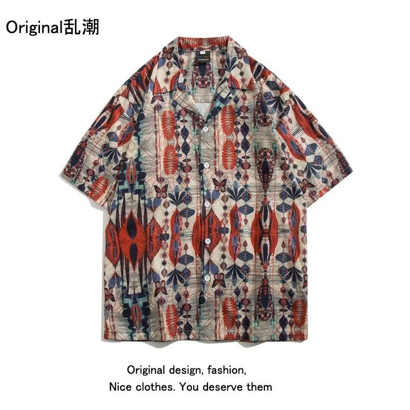 Hawaiian Style Cuban Collar Retro Hong Kong Style Short Sleeve Shirt Mens Seaside Beach Floral Printed Shirt Casual Shirt Trendy 1316 Brown 