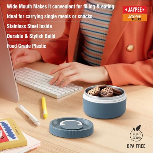 JAYPEE PLUS حاوية جيبي بلس سناك باك محكمة الإغلاق ومضادة للتسرب 400 مل صندوق غداء للمدرسة والمكتب، مثالية للوجبات الخفيفة والوجبات، تحافظ على الطعام ساخنًا وطازجًا مع مقبض حمل داخلي من الفولاذ المقاوم للصدأ، رمادي مرآوي - Image 2