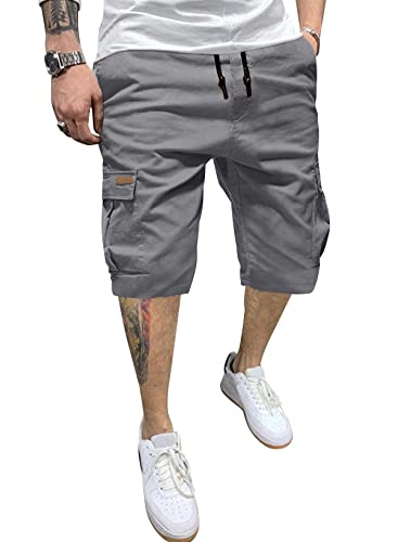 JMIERR Mens Casual Twill Cargo Shorts Cotton Drawstring Classic Cargo Chino Stretch Short with 6 Pockets for Men, US36(L), A Gray - Image 1