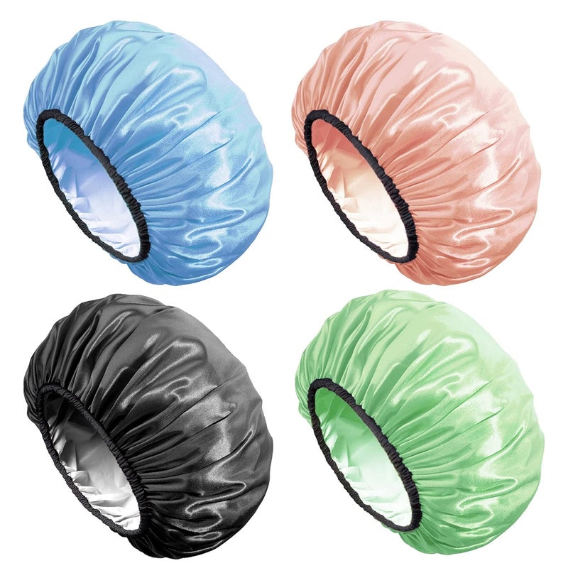Aquior Shower Cap,4-Pack Large Shower Caps for Women Long Hair, Premium Soft Silky Satin Reusable Hair Cap For All Hair Lengths And Big Hairstyles - Image 1