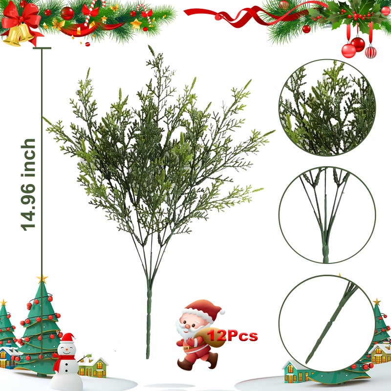 Yoratee Artificial Outdoor Plants 12 PCS Fake Cedar Plants Plastic Faux Pinetree Stems Greenery Shrubs UV Resistant Colorfast Indoor Outdoor Christmas Home Decor for Windowbox Garden Porch Path - Image 3