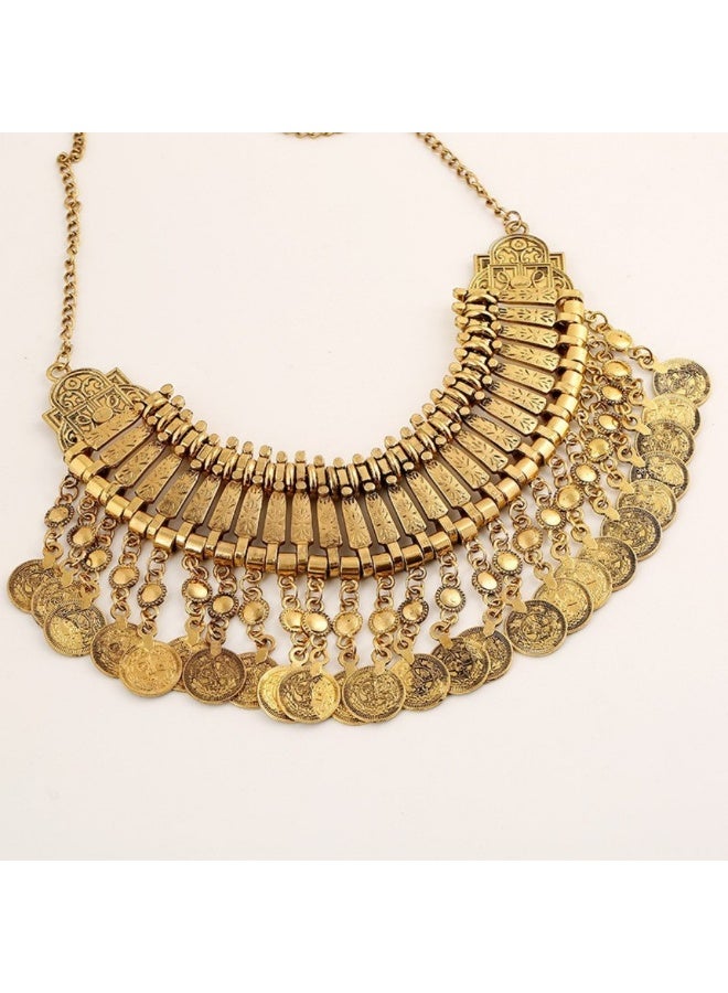 Retro coin coin multi-layer metal carved tassel necklace fashion wild exaggerated short necklace-gold - Image 5