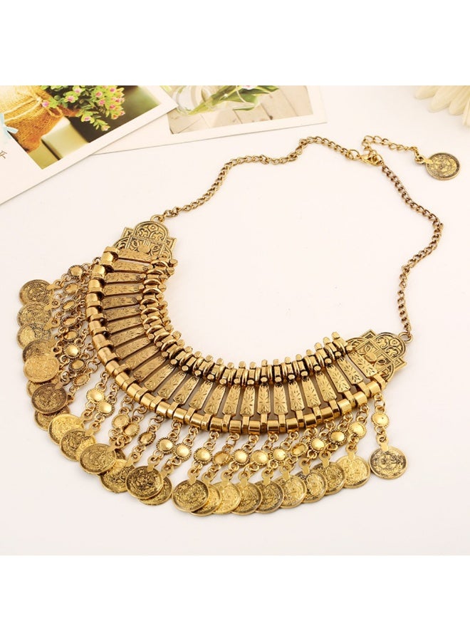 Retro coin coin multi-layer metal carved tassel necklace fashion wild exaggerated short necklace-gold - Image 4