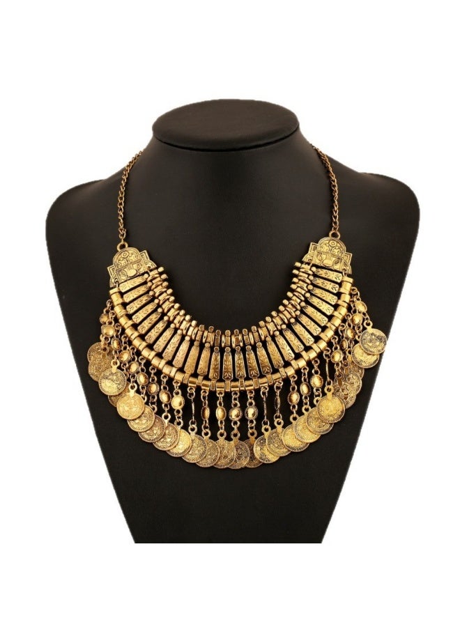 Retro coin coin multi-layer metal carved tassel necklace fashion wild exaggerated short necklace-gold - Image 1