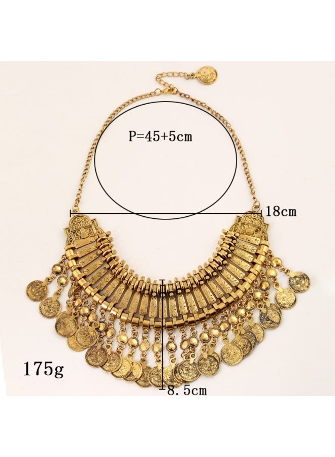 Retro coin coin multi-layer metal carved tassel necklace fashion wild exaggerated short necklace-gold - Image 3