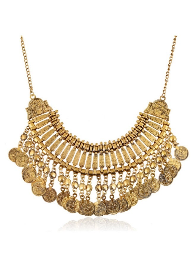 Retro coin coin multi-layer metal carved tassel necklace fashion wild exaggerated short necklace-gold - Image 2