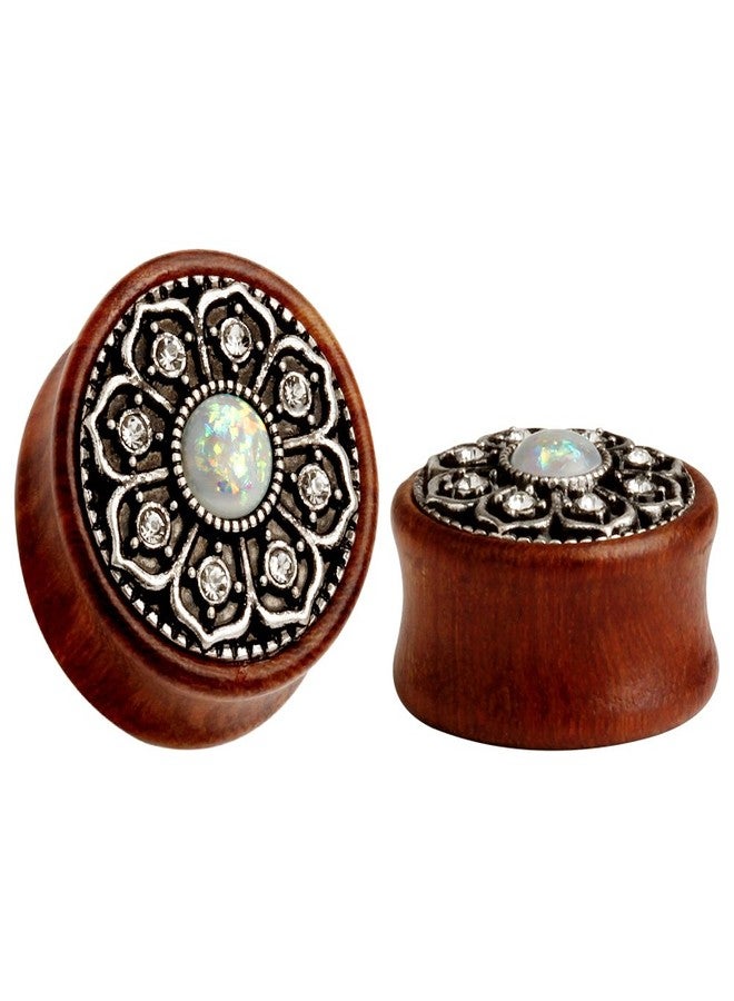 KUBOOZ(1 Pair Vintage Wood Opal Center Flower Ear Plugs Tunnels Gauges Stretcher Piercings - Image 1