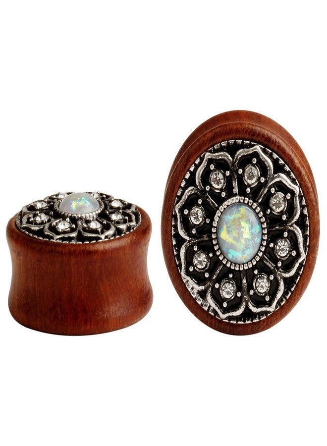KUBOOZ(1 Pair Vintage Wood Opal Center Flower Ear Plugs Tunnels Gauges Stretcher Piercings - Image 4