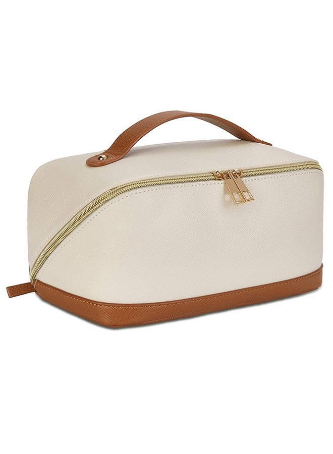 Cosmetic Bag Large Capacity Travel Cosmetic Bag Portable Pu Leather Waterproof Cosmetic Storage Bag Women'S Flat Opening Bag With Handle And Compartment, Beige, Fashion - Image 1
