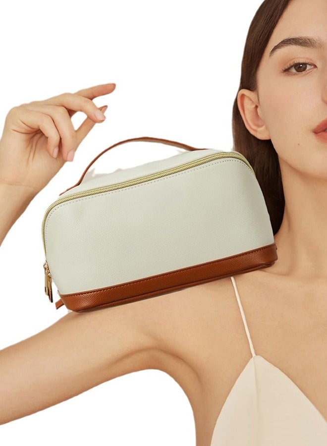 Cosmetic Bag Large Capacity Travel Cosmetic Bag Portable Pu Leather Waterproof Cosmetic Storage Bag Women'S Flat Opening Bag With Handle And Compartment, Beige, Fashion - Image 2