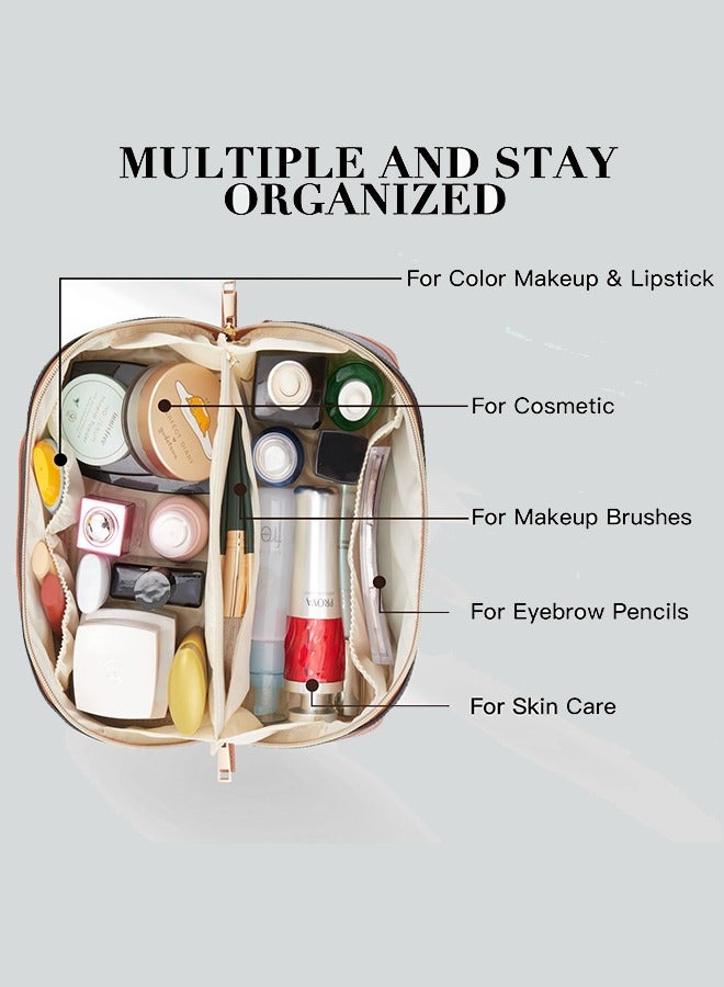 Cosmetic Bag Large Capacity Travel Cosmetic Bag Portable Pu Leather Waterproof Cosmetic Storage Bag Women'S Flat Opening Bag With Handle And Compartment, Beige, Fashion - Image 3