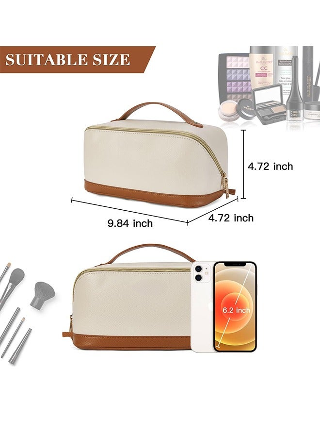 Cosmetic Bag Large Capacity Travel Cosmetic Bag Portable Pu Leather Waterproof Cosmetic Storage Bag Women'S Flat Opening Bag With Handle And Compartment, Beige, Fashion - Image 4