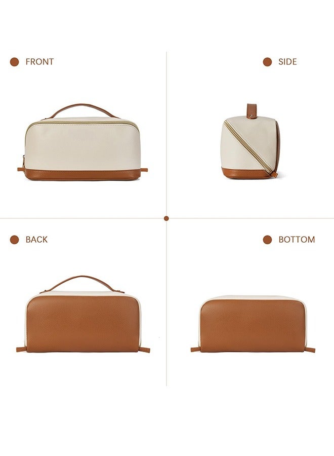 Cosmetic Bag Large Capacity Travel Cosmetic Bag Portable Pu Leather Waterproof Cosmetic Storage Bag Women'S Flat Opening Bag With Handle And Compartment, Beige, Fashion - Image 5