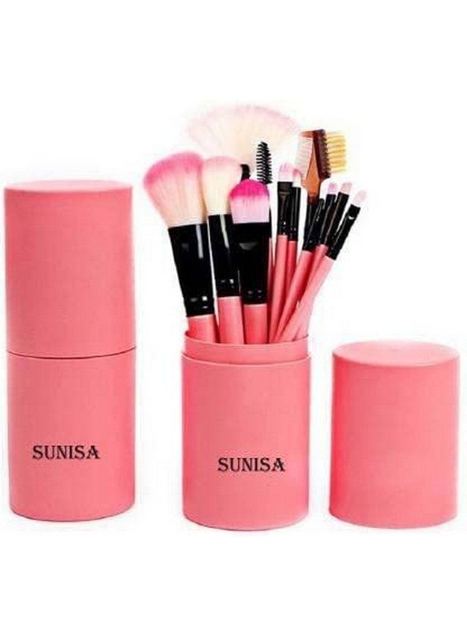 SUNISA Soft Synthetic Bristles Pink Makeup Brushes Set Of Pcs 12 With Plastic Storage Case - (Pack Of 13)