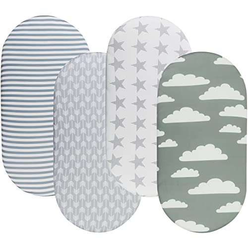 Bassinet Sheets for Baby Boy and Girl Stretchy Breathable Fitted Sheet Universal for Bassinet Cradle Hourglass Oval Rectangle PadMattress 4 Pack Stripe Star Cloud and Arrow Printing