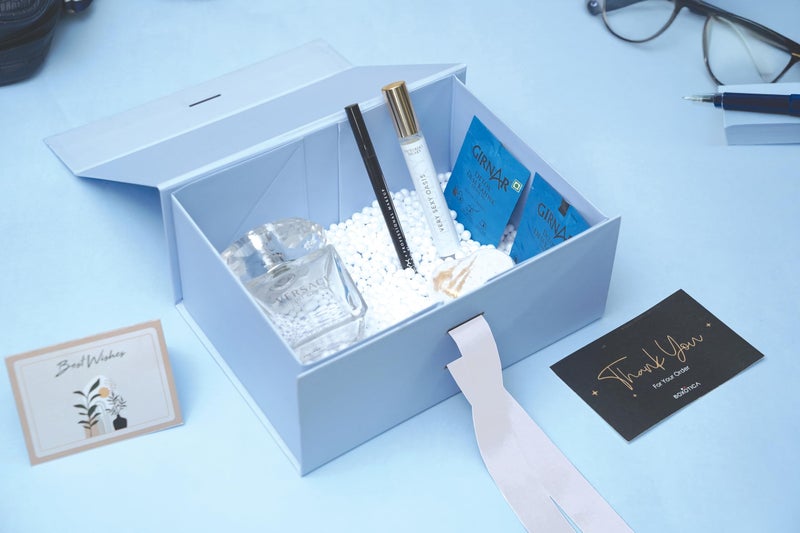 Boxotica Powder Blue Small Gift Box – Foldable Rigid Hamper with Ribbon & Greeting Card | 23.5×17×10 cm Reusable Keepsake Box for Jewelry, Chocolates, Weddings, Birthdays, Bridesmaid Proposals - Image 4