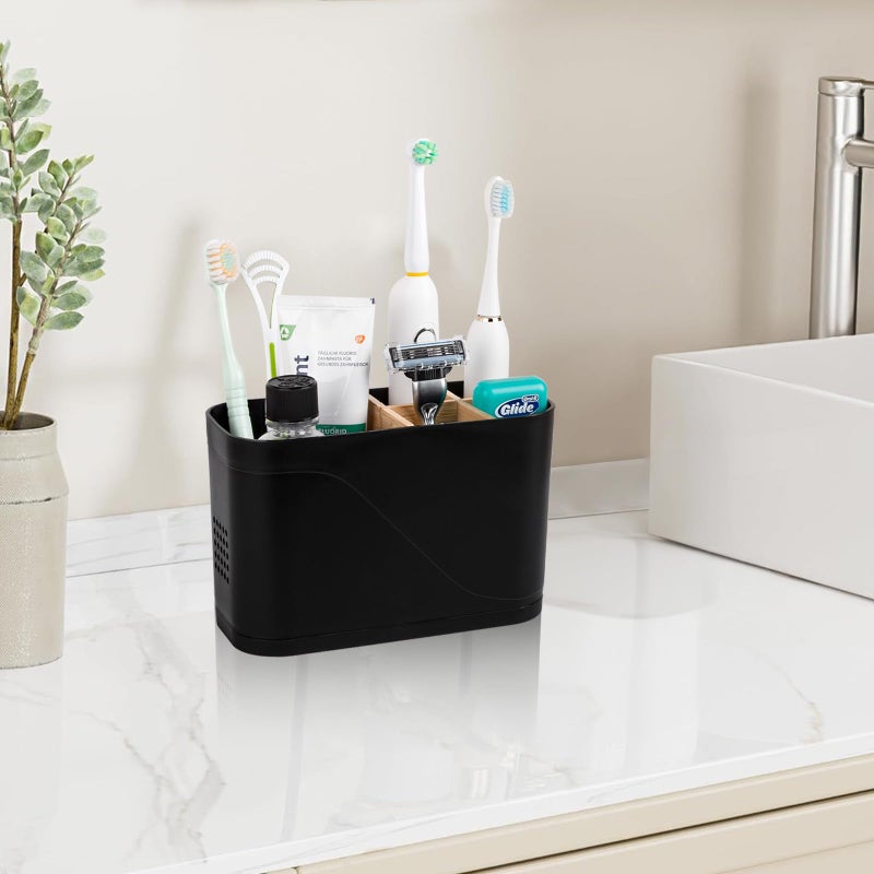 Heagoale Toothbrush Holders for Bathrooms, Electric Tooth Brush Holder with Bamboo Dividers Kids Toothbrush and Toothpaste Organizer for Bathroom Countertop Accessories Storage, 5 Slots, Black - Image 2