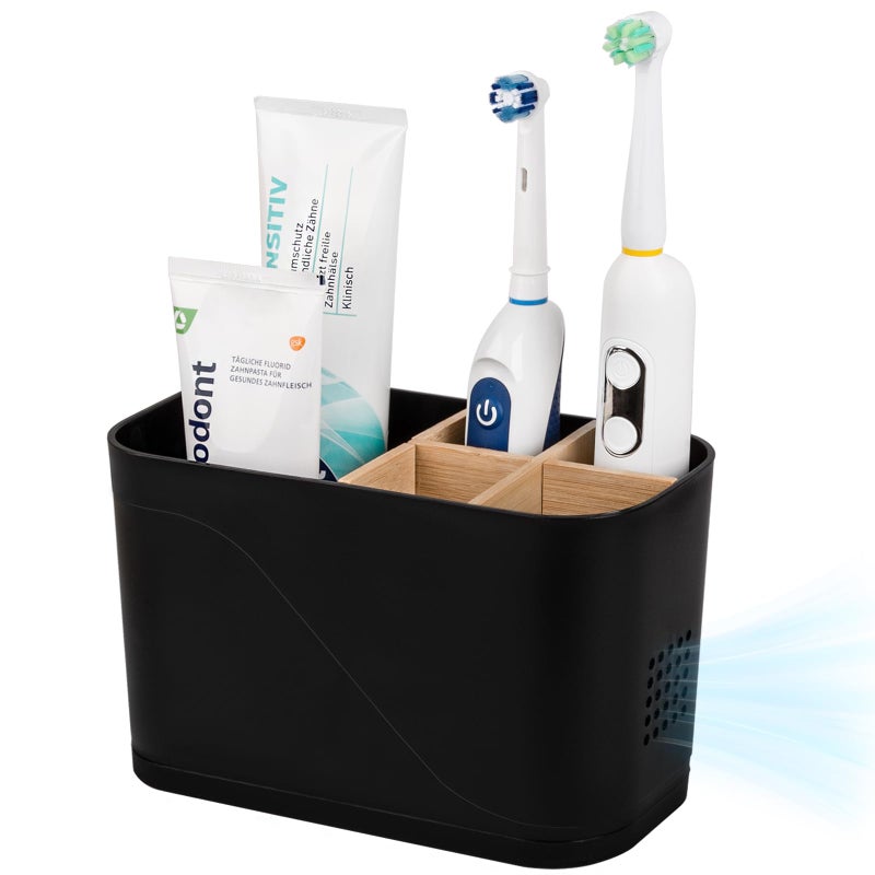 Heagoale Toothbrush Holders for Bathrooms, Electric Tooth Brush Holder with Bamboo Dividers Kids Toothbrush and Toothpaste Organizer for Bathroom Countertop Accessories Storage, 5 Slots, Black - Image 1