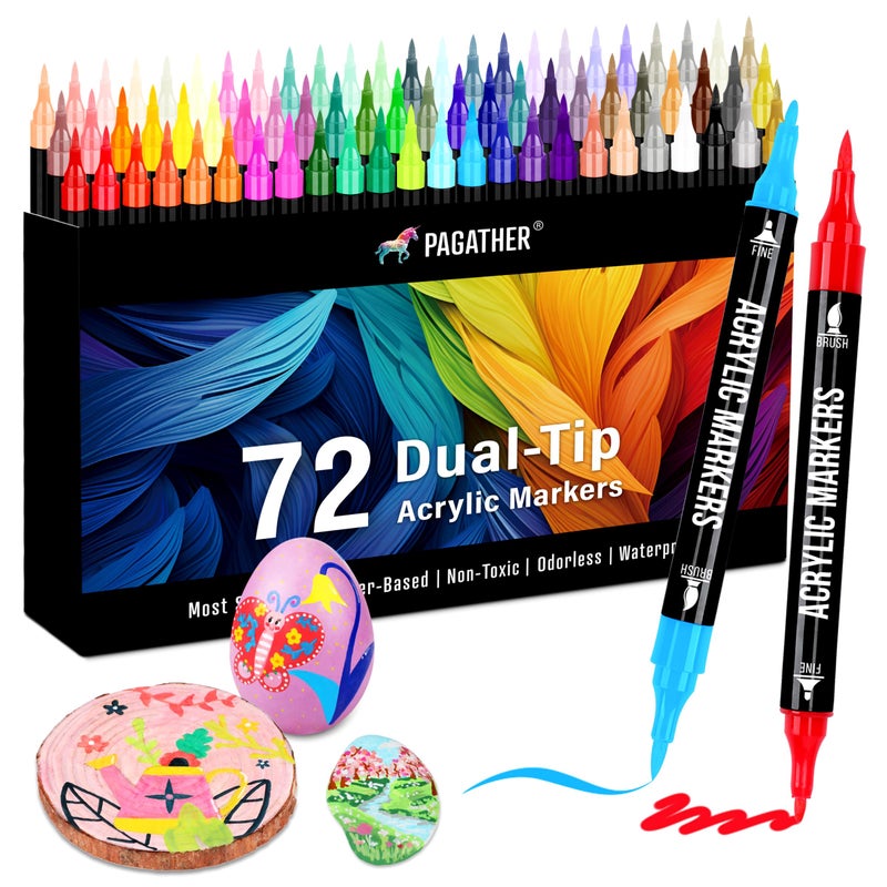Pagather 72 Colors Acrylic Paint Markers Dual Tip with Fine Tip and Brush Tip Pens for Stone Wood Calligraphy Canvas Ceramic Metal Glass Rock Painting DIY Crafts