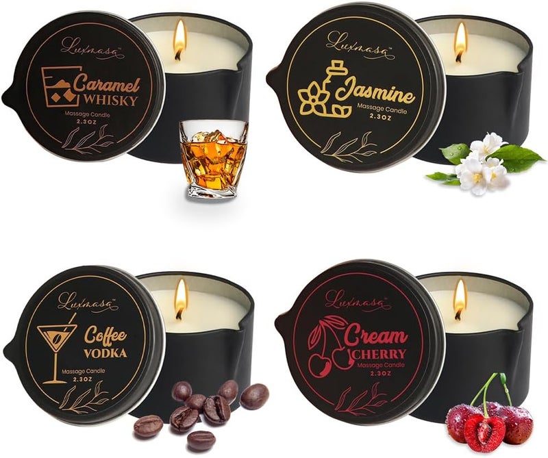 Soybean Wax Warm Massage Oil Candle Gift, Scented Aromatherapy Candle for Relaxing and Stress Relief 4 Pack 9.4OZ(2.35OZ*4 pcs)-Jasmine,Caramel Whisky,Coffee Vodka,Cream Cherry Scent