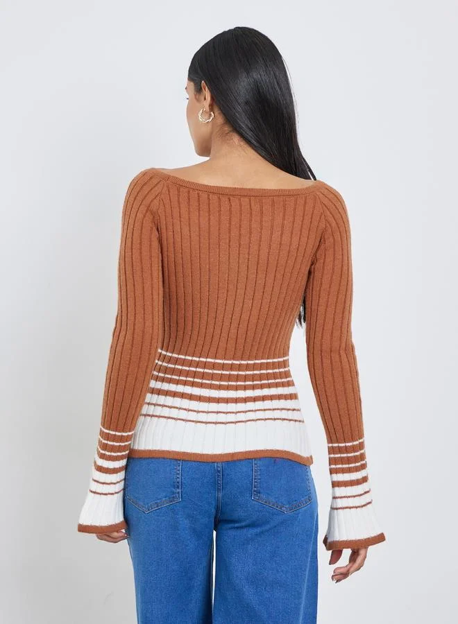 Styli Styli Brown Ribbed Knit Striped Top
