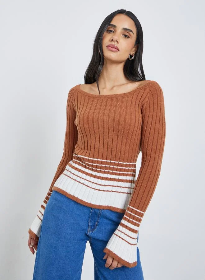 Styli Styli Brown Ribbed Knit Striped Top