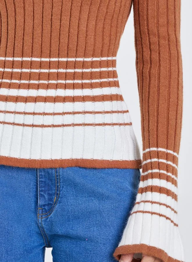 Styli Styli Brown Ribbed Knit Striped Top