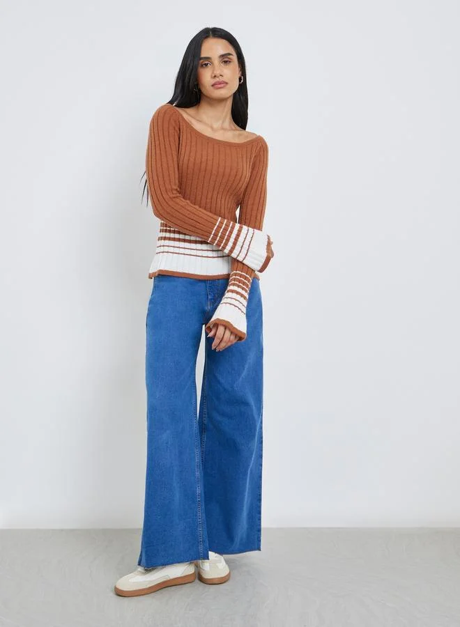 Styli Styli Brown Ribbed Knit Striped Top