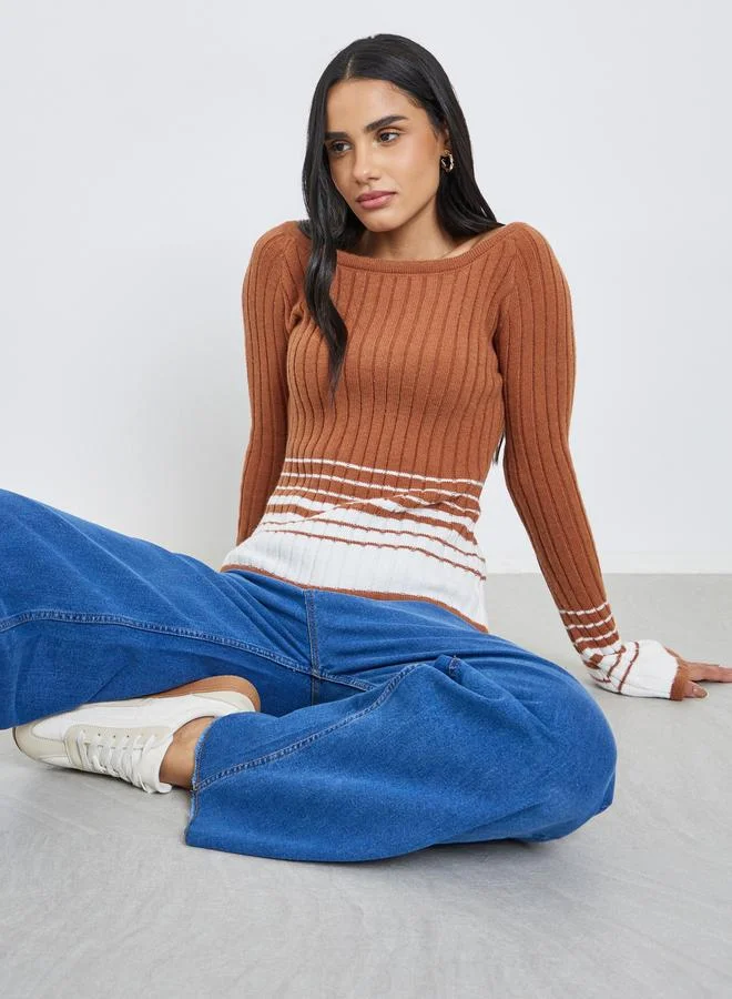Styli Styli Brown Ribbed Knit Striped Top