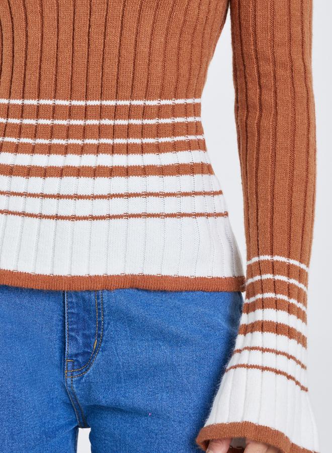 Styli Brown Ribbed Knit Striped Top - Image 4