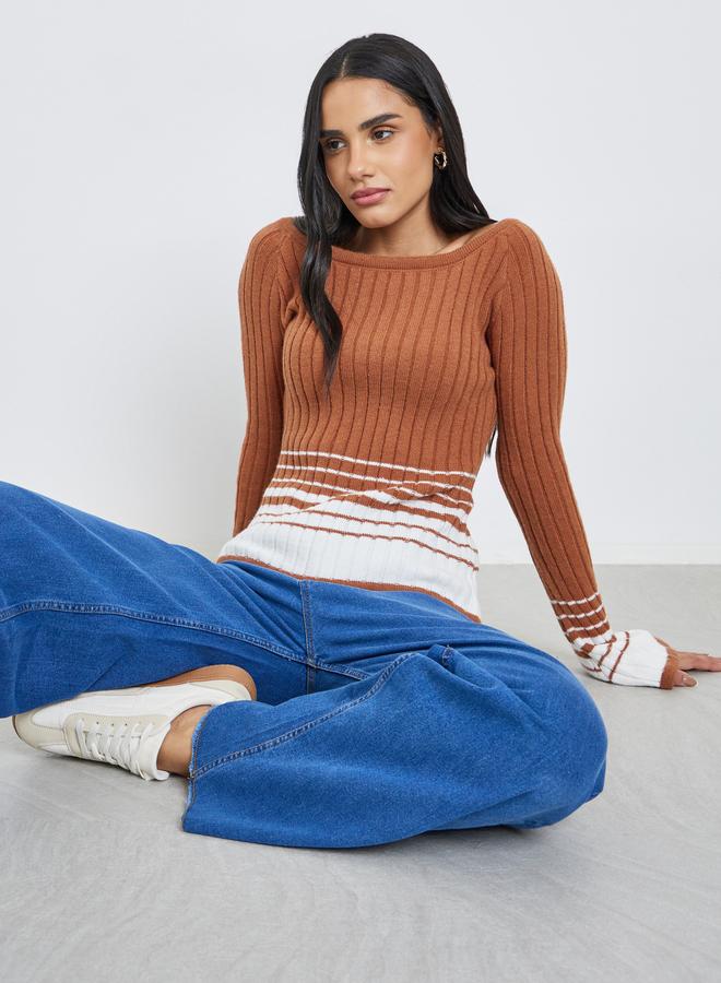 Styli Brown Ribbed Knit Striped Top - Image 1