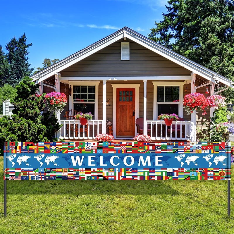 Tatuo International Decorations Yard Banner Large International Welcome Yard Sign Backdrop World Flag Party Decoration Country Flag Banner Multicultural Decor Fence Garden Sign Indoor Outdoor Decor - Image 1
