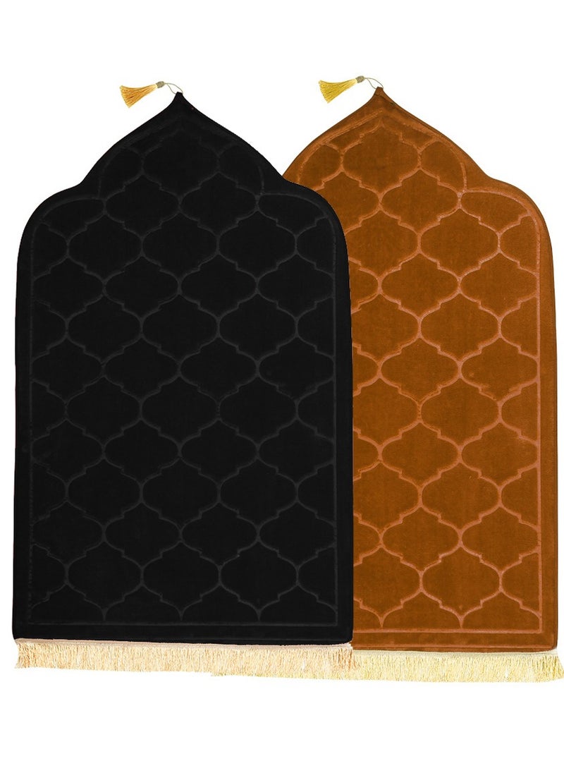 Fabienne - Pack of 2 Prayer Mats 70x110cm Anti-Slip Velvet Top Islamic Prayer Rugs for Gifting New Dome Design Thick Padded Sajadah Prayer Mat for Couples Men Women Eid Gift Ramadan Prayer Mat Black/Light Brown - Image 1