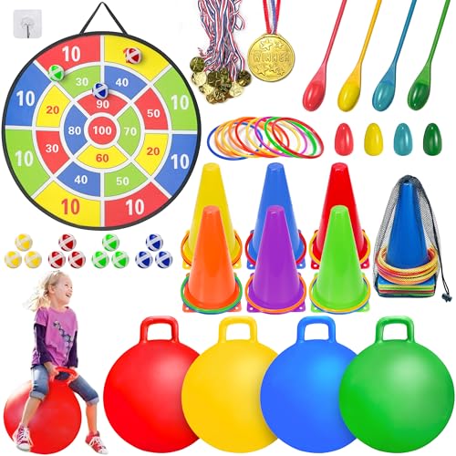 LINAYE Carnival Games Combo Set Outdoor Activities Field Day Lawn Yard Family Reunion Fall Festival Games Hopper Balls Dart Board for Kids Ring Toss Egg and Spoon for Kids Birthday Party - Image 1