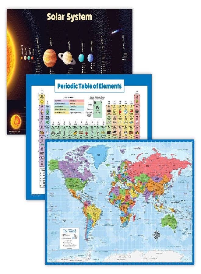 Palace Learning 3 Pack - Solar System Poster + Periodic Table of The Elements for Kids + World Map Chart [Blue Ocean] (Laminated, 18" x 24") - Image 1