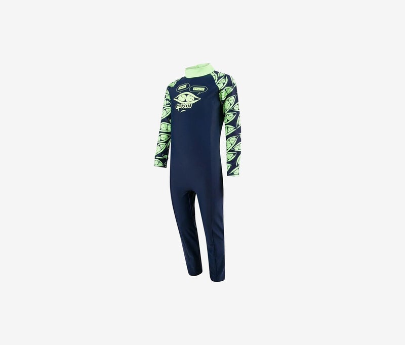 speedo Toddler Boys Colorblock Long Sleeve All,In,One Suit, Navy and Lime Green 