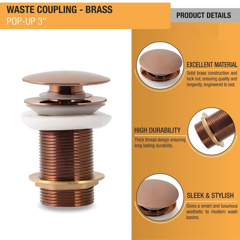 Cossimo Stainless Steel 3"Inch Rose Gold Pop-up Waste Coupling for Wash Basin | 32 MM Full Thread Waste Coupling For Basin (Pack of 1) - Image 4