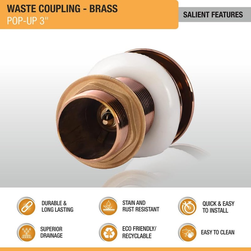 Cossimo Stainless Steel 3"Inch Rose Gold Pop-up Waste Coupling for Wash Basin | 32 MM Full Thread Waste Coupling For Basin (Pack of 1) - Image 5